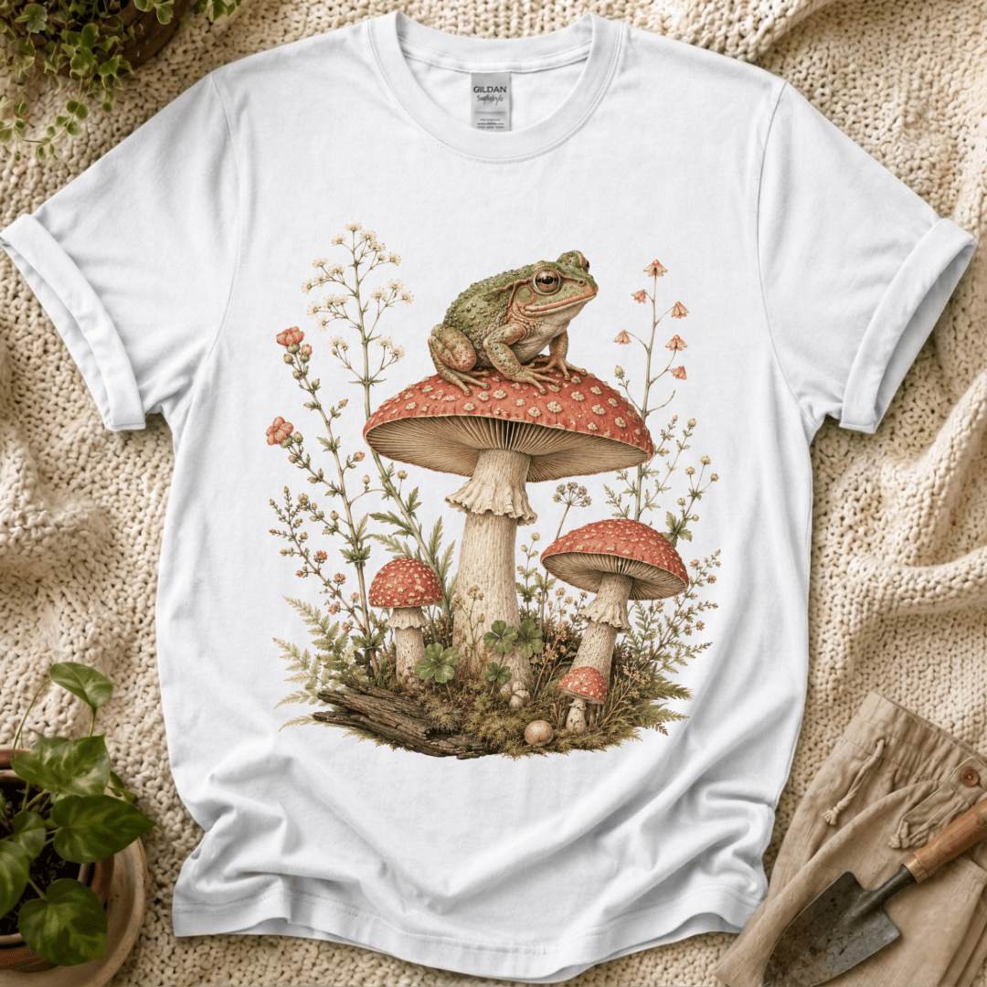 Frog on Mushrooms Cottage Garden T-Shirt