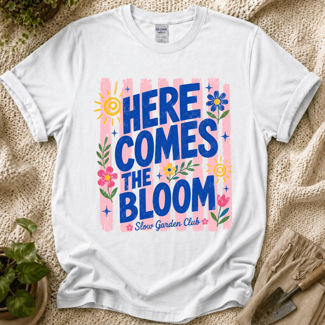 Here Comes The Bloom Summer Stripes T-Shirt - Zen & Zucchinis garden graphic tee