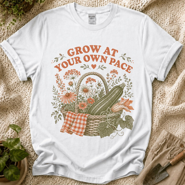 Grow at Your Own Pace Zucchini Basket T-Shirt by Zen & Zucchinis Slow Garden Club