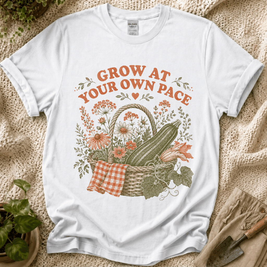 Grow at Your Own Pace Zucchini Basket T-Shirt by Zen & Zucchinis Slow Garden Club
