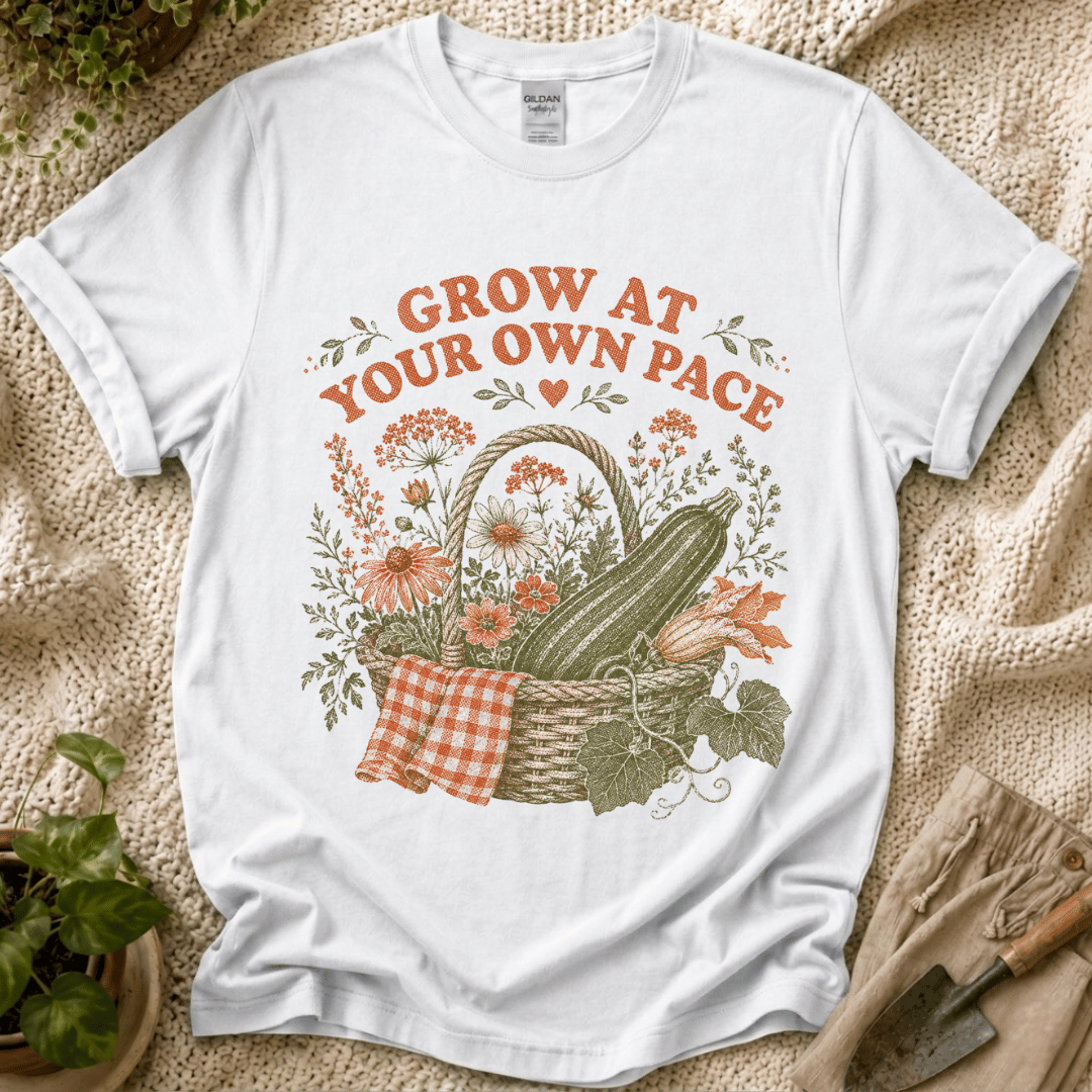 Grow at Your Own Pace Zucchini Basket T-Shirt by Zen & Zucchinis Slow Garden Club