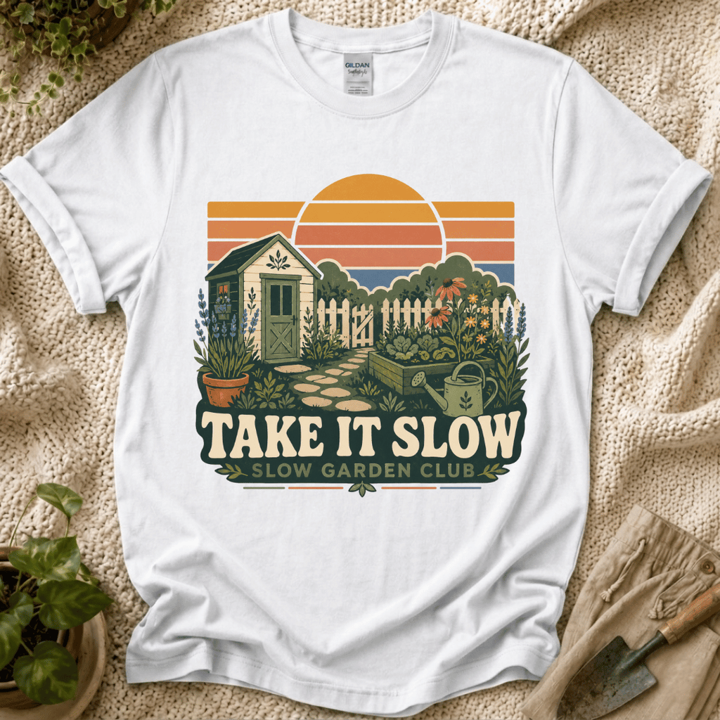 Take It Slow Garden Sunset T-Shirt - Zen & Zucchinis garden graphic tee