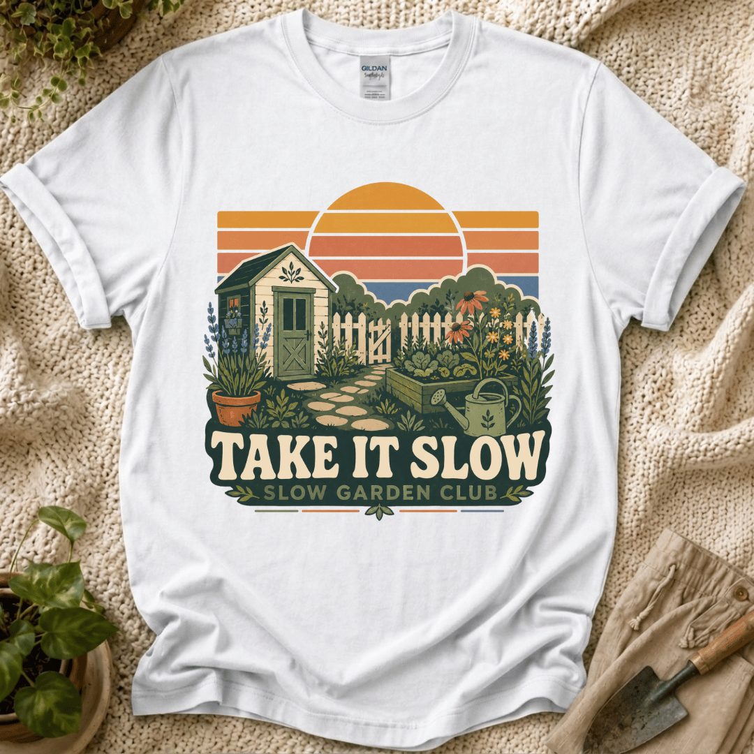 Take It Slow Garden Sunset T-Shirt - Zen & Zucchinis garden graphic tee