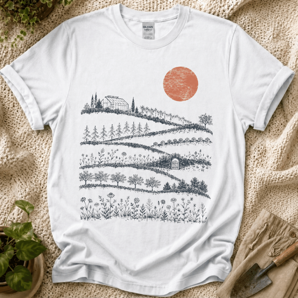 Red Sunset Over Garden T-Shirt by Zen & Zucchinis Slow Garden Club