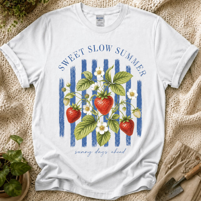 Sweet Slow Summer Strawberry Stripes T-Shirt - Zen & Zucchinis garden graphic tee