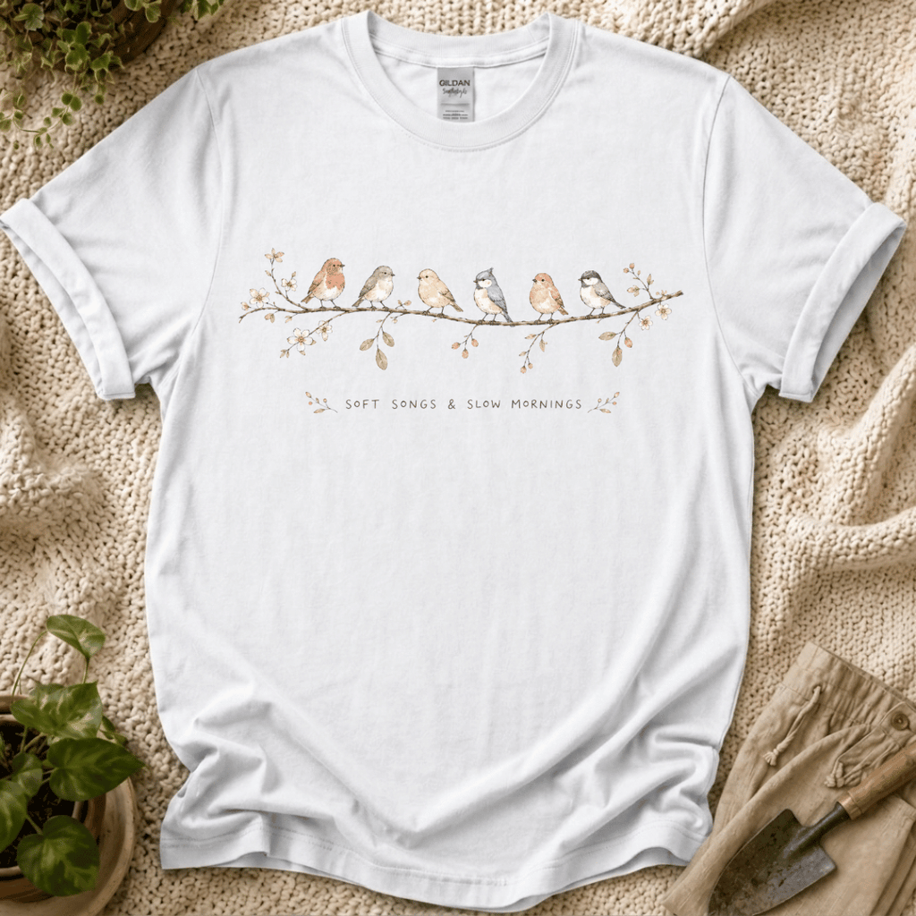 Soft Songs Slow Mornings Bird T-Shirt by Zen & Zucchinis Slow Garden Club