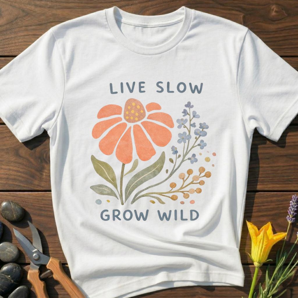 Live Slow Flower T-Shirt - botanical nature graphic t-shirt, minimalist design, unisex tee for Nature Lovers, Garnder, Farmer, Plant Lovers